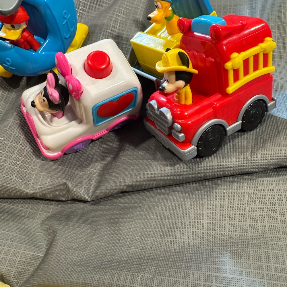 Red and White Kids Toy Vehicles - Fire Truck and Minnie Car and 2 fire buds
